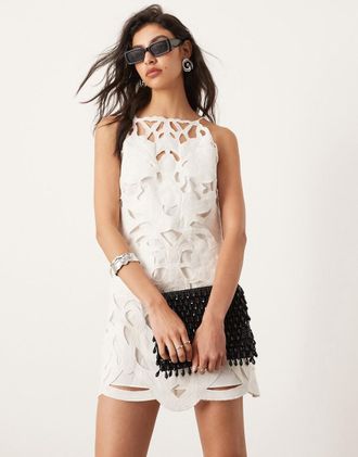 Asos floral cut work halterneck mini dress in white