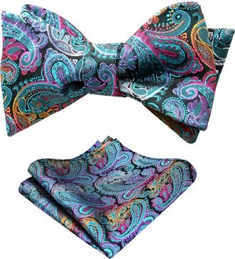 Alizeal Mens Paisley Jacquard Untied Bow Tie Pocket Square Set, Peacock Blue