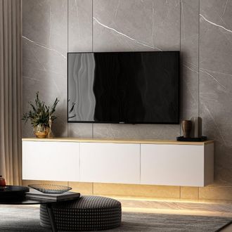 Dmora Mueble Tv Marazzi, 3 Puertas, Luces Led Incluidas, 3 Compartimentos, 160x32x35h Cm Blanco