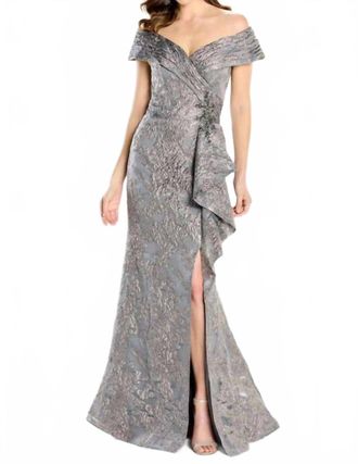 Montage by Mon Cheri Front Slit Off The Shoulder Dress In Taupe