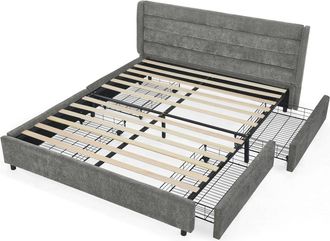 Urban Meuble Cama doble de tela chenilla con 4 cajones, gris oscuro