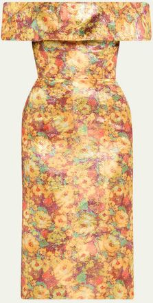 Markarian Gloria Metallic Floral Jacquard Off-The-Shoulder Dress