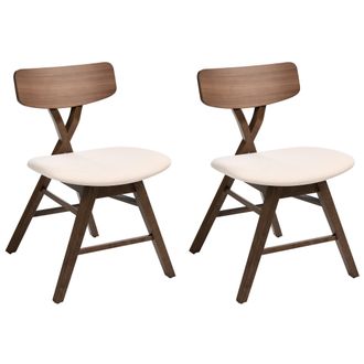 Beliani Conjunto De 2 Sillas De Comedor Asiento Tapizado En Poli&eacute;ster Acolchado Respaldo Y Estructura De Madera De Caucho Comedor Marr&oacute;n Y Blanco Crema Leland
