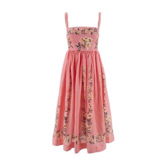 Agua Bendita Midi Dresses, female, Pink, Size: XS Embroidered Linen Midi Dress