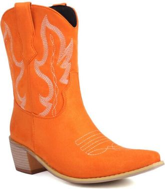 Generic Womens Retro Embroidered Cowboy Boots Pointed Toe Mid Block Heels Faux Suede Cushioned Insole Comfortable Durable Non Slip Casual Daily Western Shoes,