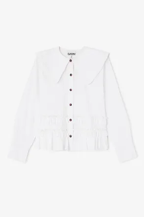 Ganni White Stretch Cotton Ruffle Shirt - Size 10/12 Organic