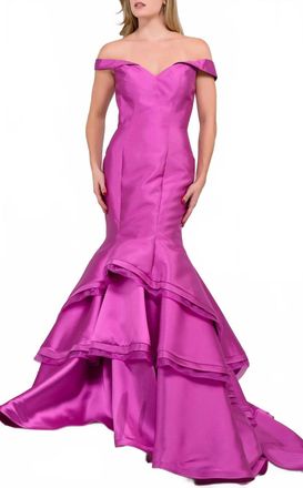 Jovani Long Off Shoulder Dress In Orchid