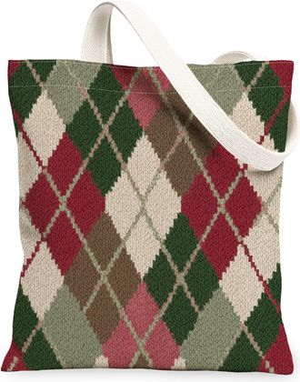 Generic Vintage Diamond Canvas Tote Bags, Elegant Argyle Reusable Grocery Bags, Lightweight Washable Shoulder Strap for Outdoor Tra, Red, 13x15 Inch