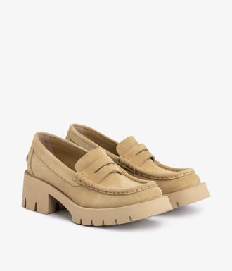 Pedro Garcia Midi heel loafer in beige suede | Tady | Fall winter 25 | PEDRO GARCIA