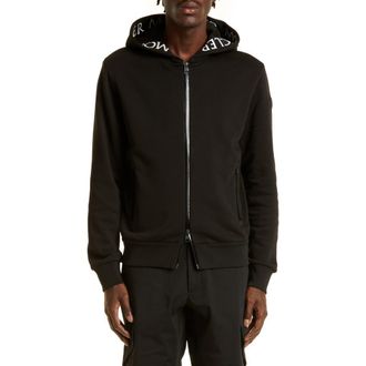 Moncler Logo Tape Cotton Zip Hoodie in Black at Nordstrom, Size Medium