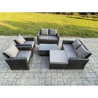 Fimous Garden Furniture Sets 6 Pieces Outdoor Rattan Furniture Manual Wicker Patio Sofa Chair Set with Coffee Table Big Footstool Dark Grey Mixed - Fimous