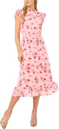 CeCe by Cynthia Steffe Floral Print Flutter Sleeve Smocked Midi Dress in Coral Bloom at Nordstrom, Size Xx-Small