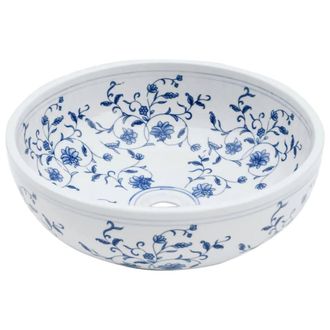 Berkfield Home Durable Countertop Basin White & Blue Round OE&para;41x14 cm Ceramic | Size: 41x14 cm