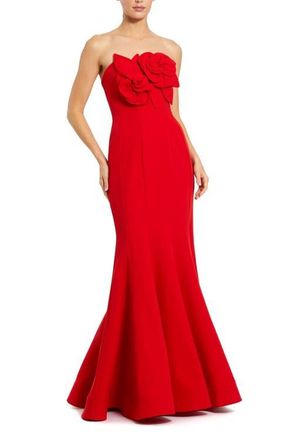 Mac Duggal Crepe Strapless Mermaid Gown With 3D Flowers in Red at Nordstrom, Size 12
