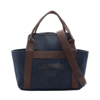 Herm&egrave;s Brown Navy Toile Chevron Handbag Tote Bag (Pre-Owned)