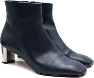 Celine Navy Leather Silver Brushed Heel Ankle Boot Size 40