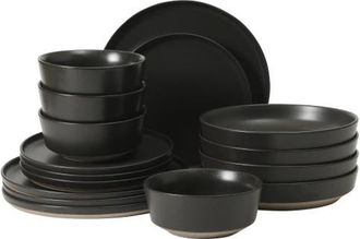 Gibson Home Overbrook 16-Piece Stoneware Stackable Plates and Double Bowl Dinnerware Set, Service for 4 in Black at Nordstrom