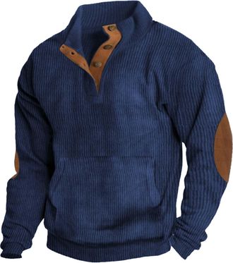 Generic Mens Corduroy Sweatshirts Button Up V Neck Henley Neck Snap Solid Color Long Sleeve Stand Collar Pullover Tops Winter Sweaters Jumpers With Elbow Patc