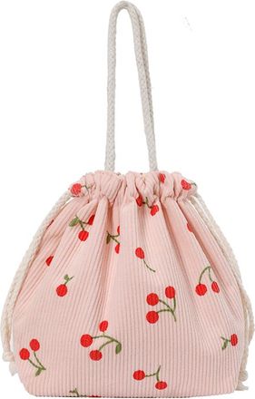 Generic Corduroy Cherry Bucket Bag for Women - Mini Cute Handbag, Casual Everyday College Travel Bag, Versatile Shoulder Hobo for Work & Outing (Pink)