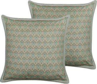 Beliani Conjunto De 2 Cojines De Algod&oacute;n Verde Oliva 45 X 45 Cm Hojas Cremallera Pictus