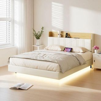 OEM Cama Doble Flotante 140x200 Cm Con Led Rgb, Ue Y Estantes - Cuero Pu - Cabecera Panel Lateral En Cuero Sint&eacute;tico Beige - Moderna
