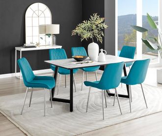 Furniturebox Carson White Marble Effect Dining Table & 6 Pesaro Silver Chairs in Blue