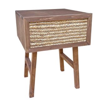 NATYAL Mesita de noche de madera maciza en tono oscuro y caj&oacute;n de yute 45cm
