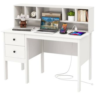 Costway Costway Computer Desk 120 CM Writing Desk with Power Outlets & Drawers in White