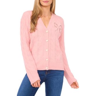 CeCe by Cynthia Steffe Pointelle Stitch Lace Bow Cardigan in Coral Blush at Nordstrom, Size X-Large