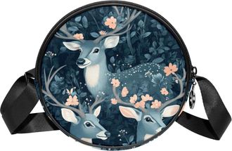 Generic Circle Crossbody Bag for Women, Froest Deer Small Sling Bag Daypack with Zipper Adjustable Shoulder Straps Casual Ladies Girls Round Purse