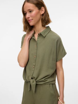 Vero Moda Kurzarmbluse VERO MODA VMTHEA SS TIE SHIRT WVN NOOS, Damen, Gr. XS, gr&uuml;n (deep lichen gr&uuml;n), Web, Obermaterial: 70% Viskose, 30% Leinen, unifarben, no
