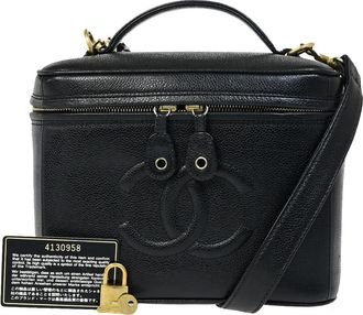 Chanel Vintage Timeless Cosmetic Case With Mirror Caviar Black Leather Bag (Pre-Owned)
