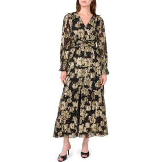 Halogen Metallic Floral Long Sleeve Maxi Dress in Rich Black at Nordstrom Rack, Size Xx-Small