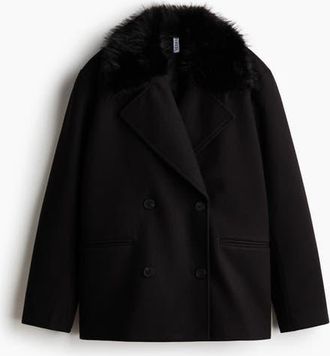 H&M Fluffy-collared Pea Coat in Black at Nordstrom, Size Xx-Large