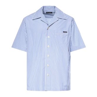 Dolce & Gabbana Short Sleeve Shirts, male, Blue, Size: XL Hawaii Striped Poplin Shirt