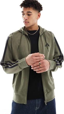 adidas adidas - Essentials - Felpa con cappuccio verde oliva strata e nera in spugna con zip e 3 strisce