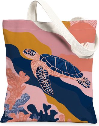 Generic Ocean Turtle Canvas Tote Bags, Marine Life Pattern Reusable Grocery Bags, Summer Vintage Artistic Lightweight Washable Canv, Peach, 13x15 Inch