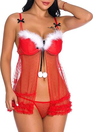Generic Sexy Santa Outfit Women Sexy Lingerie for Women Sets Naughty Racy Christmas Underwear+Briefs Suit Underwear Plus Size Lingeries for with Underwire (Re