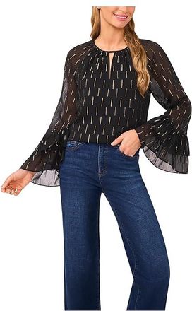 CeCe by Cynthia Steffe Tiered Sleeve Front Keyhole Blouse Womens Clothing Rich Black : LG, Polyester