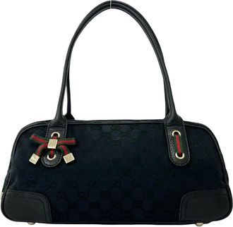 Gucci Black Green Red Color Canvas Leather Boston Bag Tote Bag (Pre-Owned)