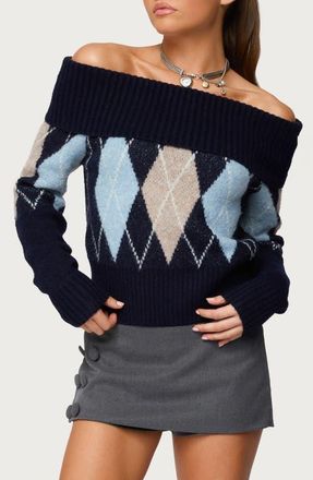 Edikted Jakarie Argyle Off the Shoulder Sweater in Navy at Nordstrom, Size X-Small