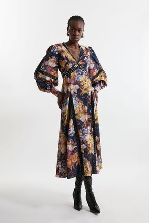 Karen Millen Womens Tall Floral Studded Lace Woven Maxi Dress - Size 10 UK