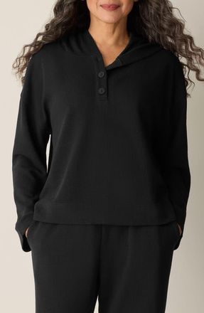 Eileen Fisher Hooded Cotton Blend Thermal Knit Top in Black at Nordstrom, Size X-Large