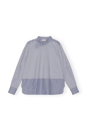 Ganni Blue Asymmetrical Stripe Collar Shirt - Size 10/12 Organic Cotton
