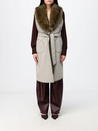 Hanita Robe-Style Long Wool Vest with Fur Collar