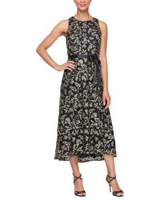 Alex Evenings Womens Sleeveless Midi Dress with Elegant Embroidery, Full Skirt and Tie Belt (Petite and Regular Sizes) Formal, Black/Gold, 18