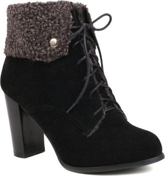 Generic Womens Fashion Fold Over Lace Up Ankle Snow Boots Round Toe Chunky High Heel Casual Winter Warm Plush Shoes (7.5,Black)