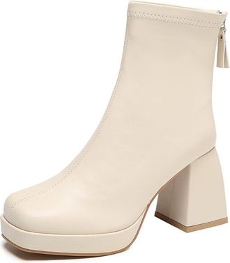 Generic Womens Platform Ankle Boots Ladies Soft Mid Low Block Heel Chunky Chelsea Booties Back Zipper Fashion Short Boots Winter Cream Faux Leather Boot