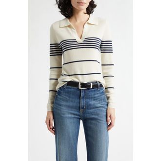 Nili Lotan Lucille Placed Stripe Cashmere Polo Sweater in Ivory/navy Stripe at Nordstrom, Size X-Large