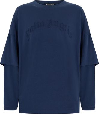 Palm Angels Curved Logo Double Lange Mouwen T-shirt - Heren - Longsleeves - Blauw - S - Katoen - Tops